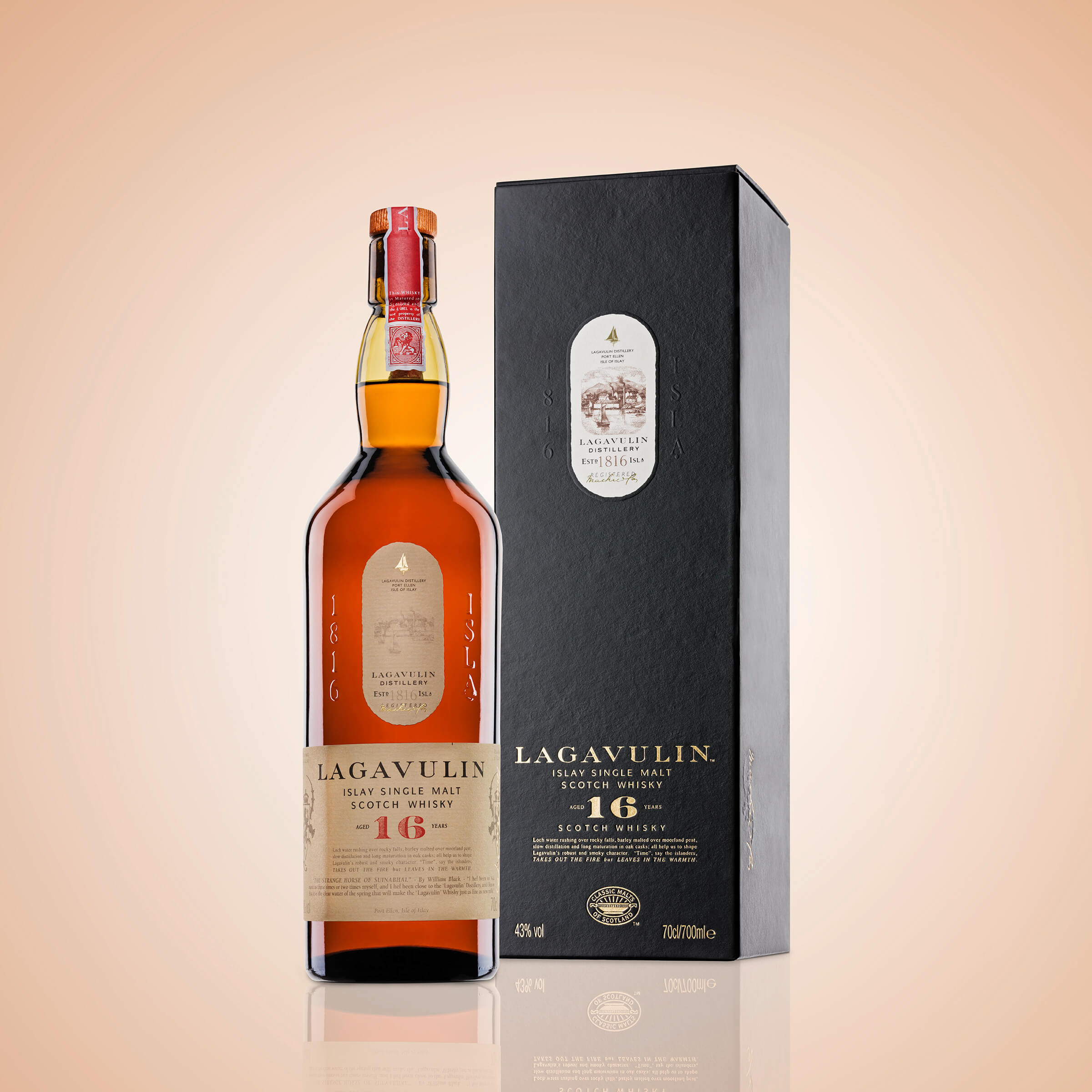 Whiskyflasche mit Karton auf spiegelndem Untergrund