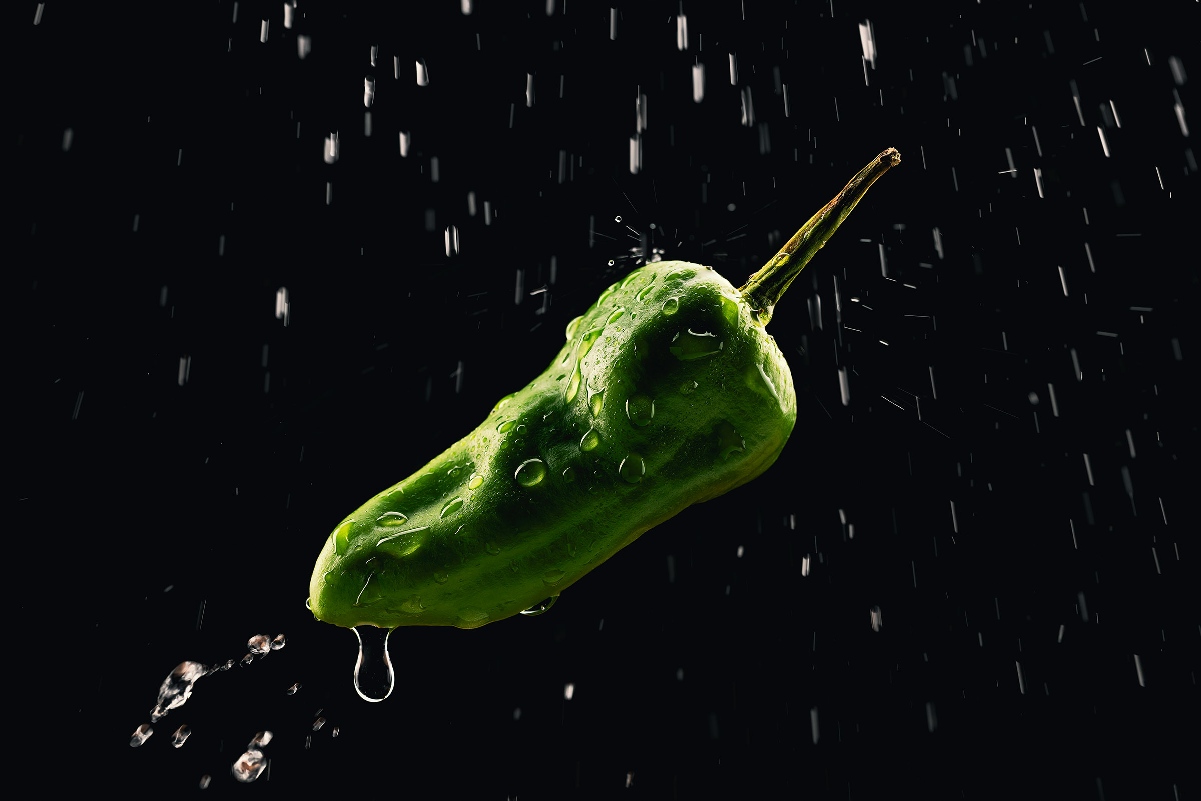 Pimientos mit Wasserspritzer vor schwarzem Hintergrund