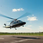 Helikopter beim Abheben von einer Start- und Landefläche unter blauem Himmel.